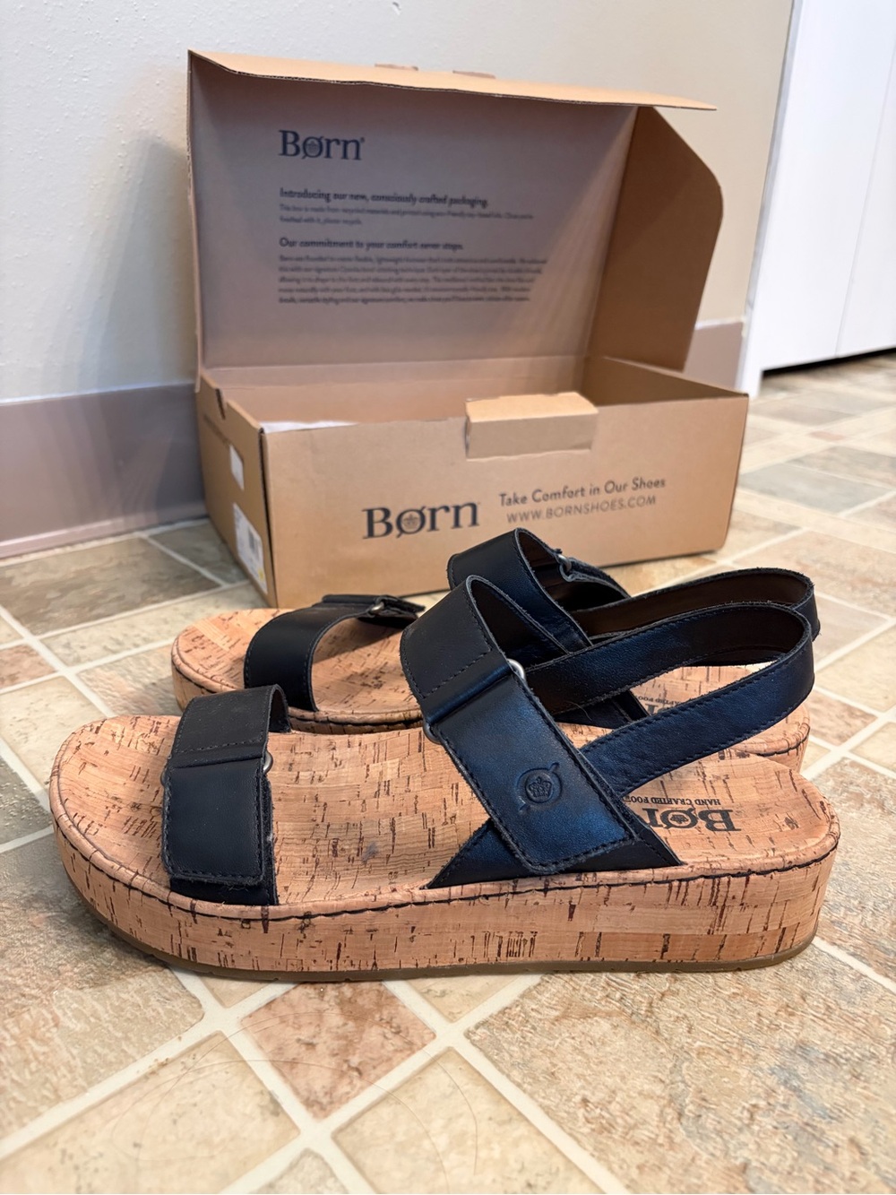 Born Black Leather Cork Footbed Sloan Sandals